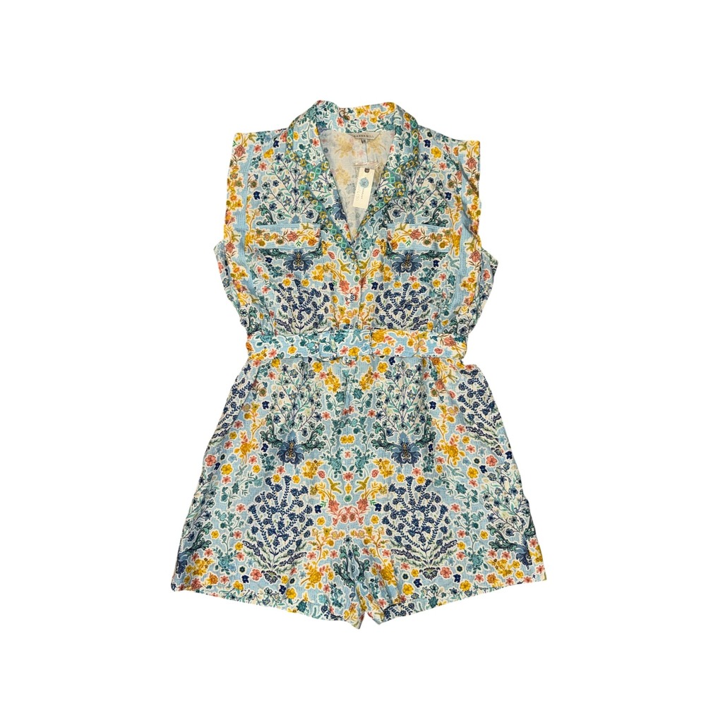 Ranna Gill Romper Women XL Blue Floral NWT Anthropologie Linen Blend Sleeveless
